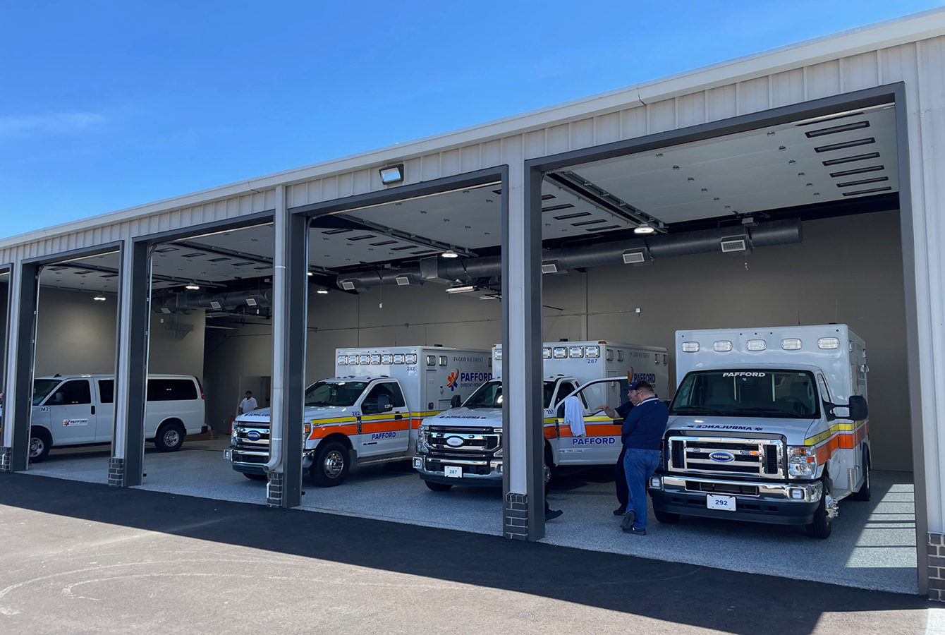Ambulance bay and emergency vehicle garage at the Pafford EMS facility in Benton, Arkansas, built by Rye General Contractors