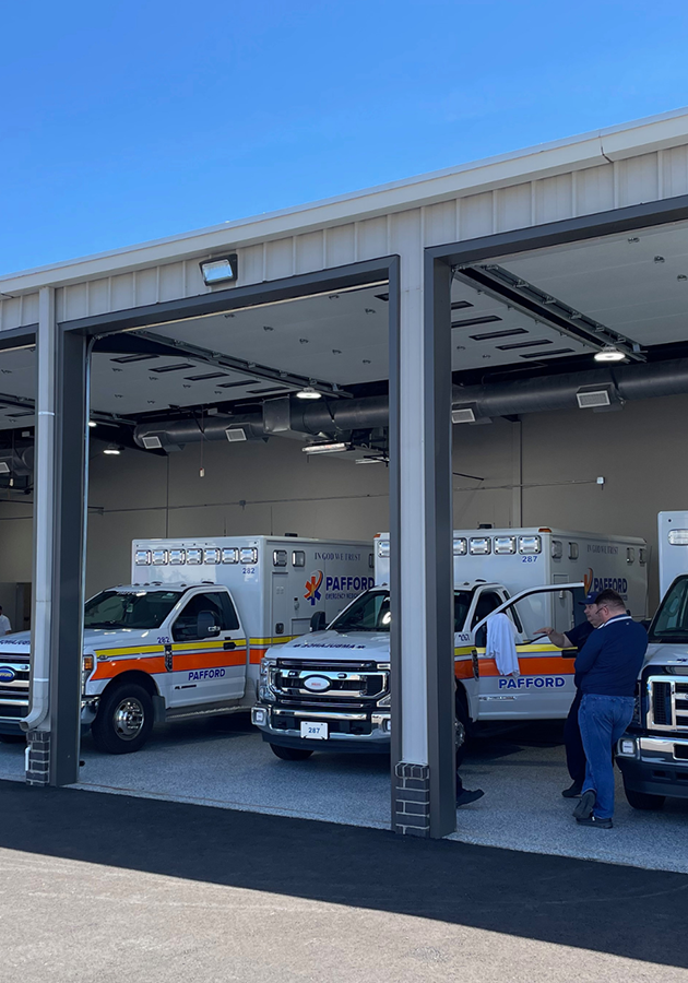 Ambulance bay and emergency vehicle garage at the Pafford EMS facility in Benton, Arkansas, built by Rye General Contractors